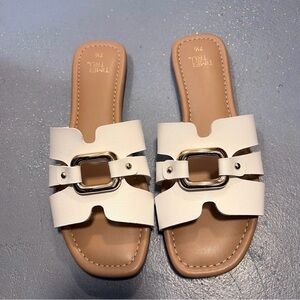White Leather Slide Sandals with Square Buckle